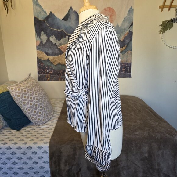 Jones New York Signature Black White Striped Wrap Blouse XL Cotton Tie Waist Top - Picture 8 of 11
